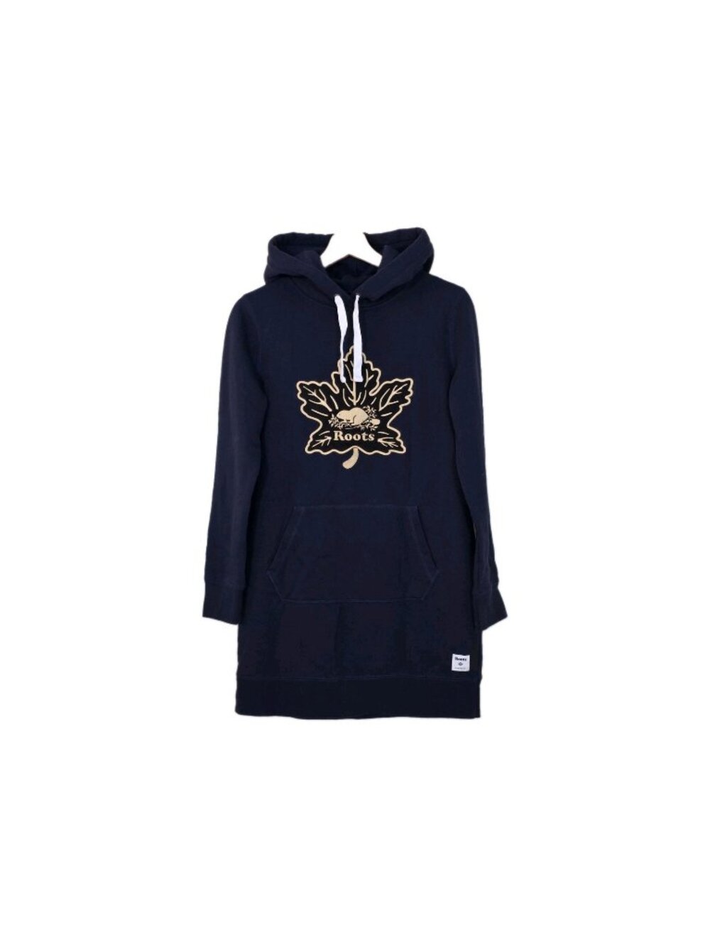 Roots Canada Tunic Sweatshirt Dress S Navy Blue Gold Embroidered Maple Leaf Hood